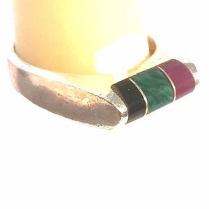 Malachite, Fuchsia Agate and Obsidian Silver Artisan Ring